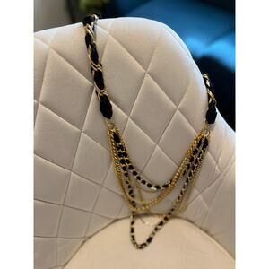 Vintage Chanel Style Gold Multi-Strand Chain & Black Ribbon Woven Necklace